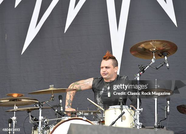 Drummer Mike Cox of American heavy metal group Coal Chamber performing live on the Main Stage at Download Festival on June 16, 2013.