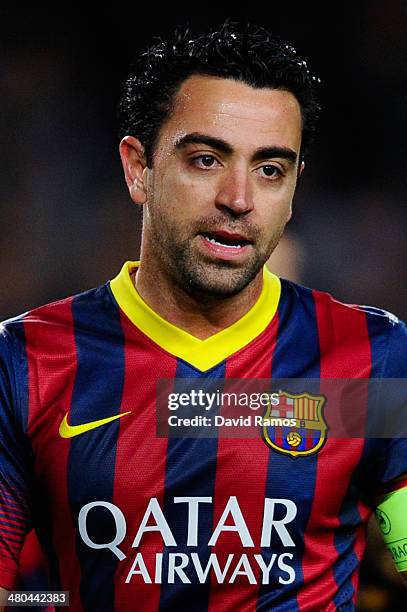 Xavi Hernandez of FC Barcelona looks on during the UEFA Champions League Round of 16 second leg match between FC Barcelona and Manchester City at...