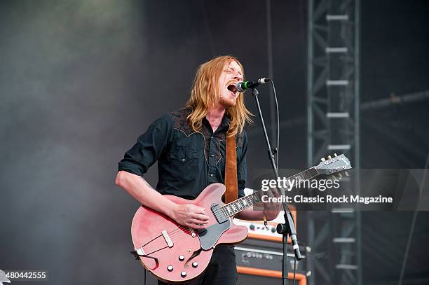 Guitarist and vocalist Joakim Nilsson of Swedish psychedelic rock group Graveyard performing live on the Zippo Encore Stage at Download Festival on...