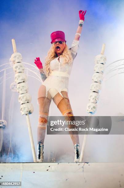 Frontwoman Maria Brink of American heavy metal group In This Moment performing live on the Pepsi Max Stage at Download Festival on June 14, 2013.