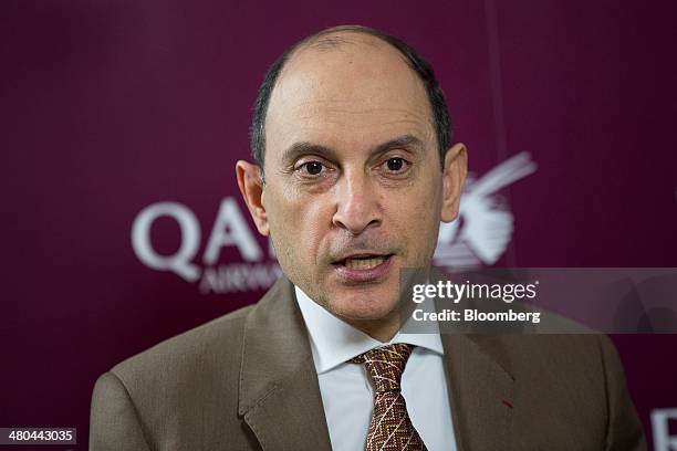 Akbar Al Baker, chief executive officer of Qatar Airways Ltd., speaks during a news conference in Edinburgh, U.K., on Tuesday, March 25, 2014. Qatar...