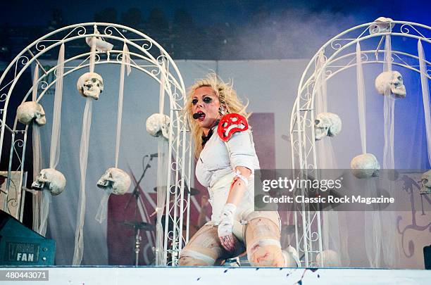 Frontwoman Maria Brink of American heavy metal group In This Moment performing live on the Pepsi Max Stage at Download Festival on June 14, 2013.