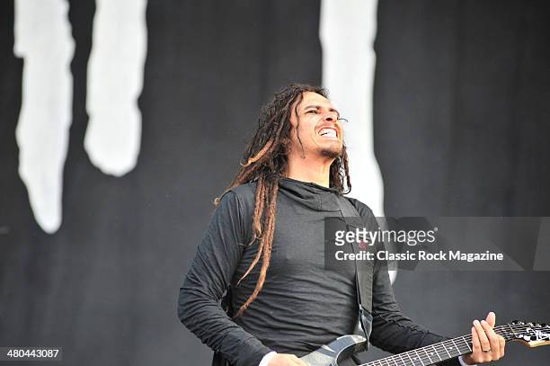 Guitarist James Shaffer, better known by his stage name Munky, of American heavy metal group Korn performing live on the Main Stage at Download...