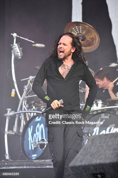 Frontman Jonathan Davis of American heavy metal group Korn performing live on the Main Stage at Download Festival on June 14, 2013.