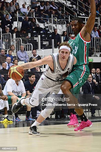 Matt Walsh of Granarolo competes with Troy Bell of Grissin Bon during the LagaBasket match between Granarolo Bologna and Grissin Bon Reggio Emilia at...