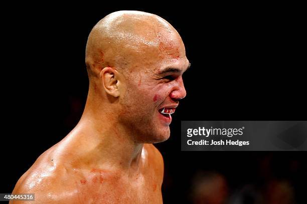 Robbie Lawler smiles during his UFC welterweight title fight during the UFC 189 event inside MGM Grand Garden Arena on July 11, 2015 in Las Vegas,...