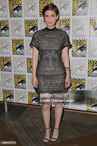 Actress Kate Mara arrives at the 'Fantastic Four' press room during Comic-Con International on July 11, 2015 in San Diego, California.