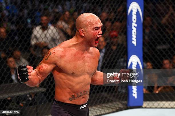Robbie Lawler reacts to his victory over Rory MacDonald in their UFC welterweight title fight during the UFC 189 event inside MGM Grand Garden Arena...
