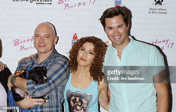 Actors Michael Cerveris, Bernadette Peters and Andrew Rannells attend the Broadway Barks 17 at Shubert Alley on July 11, 2015 in New York City.