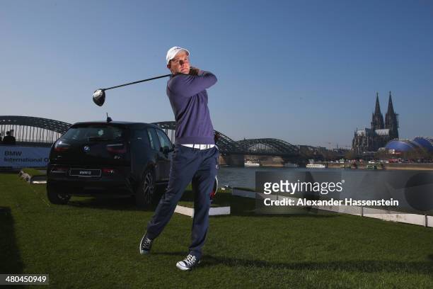 Golfsport Ambassador Maximilian Kieffer hits the symbolic Tee-Off shot over the fully-electric BMW i3 on board the "Pure-Liner" event ship as it...