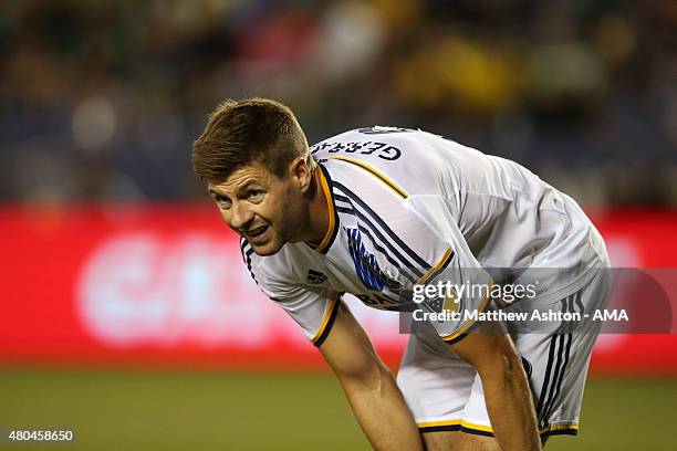 Steven Gerrard of LA Galaxy on his debut during the International Champions Cup match between Club America and LA Galaxy at StubHub Center on July...