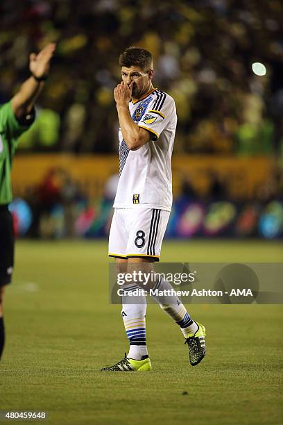 Steven Gerrard of LA Galaxy on his debut during the International Champions Cup match between Club America and LA Galaxy at StubHub Center on July...