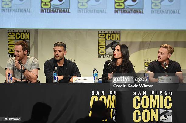 Actor Michael Fassbender, actor Oscar Isaac, actress Olivia Munn and actor Ben Hardy from "X-Men: Apocalypse" speak onstage at the 20th Century FOX...