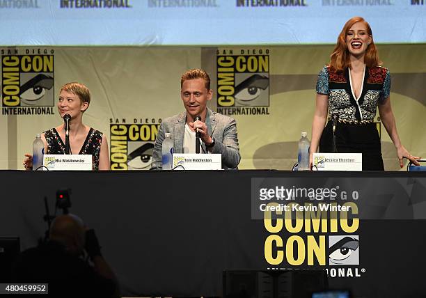 Actors Mia Wasikowska, Tom Hiddleston and Jessica Chastain speak onstage at the Legendary Pictures panel during Comic-Con International 2015 the at...