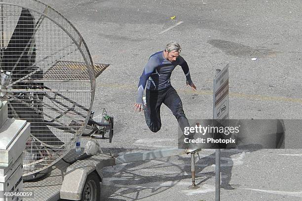 Aaron Taylor-Johnson is seen filming on location for 'Avengers: Age of Ultron' in Pont-Saint-Martin on March 24, 2014 in Aosta, Italy.