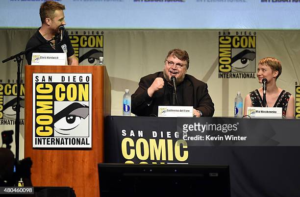 Chris Hardwick, director Guillermo del Toro and actress Mia Wasikowska speak onstage at the Legendary Pictures panel during Comic-Con International...