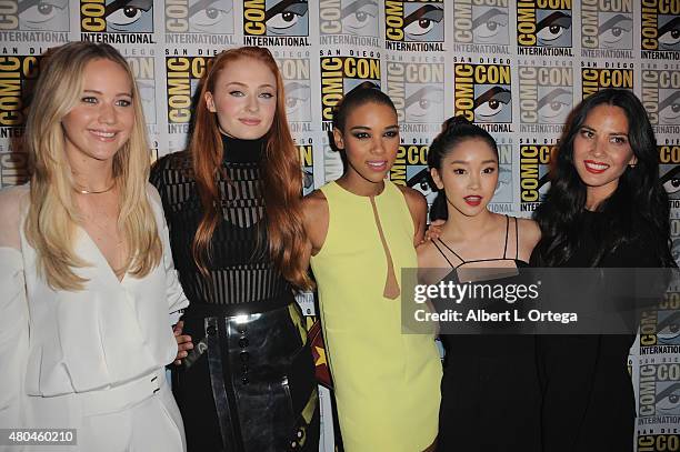Actresses Jennifer Lawrence, Sophie Turner, Alexandra Shipp, Lana Condor, and Olivia Munn of 'X-Men: Apocalypse' attend the 20th Century FOX panel...
