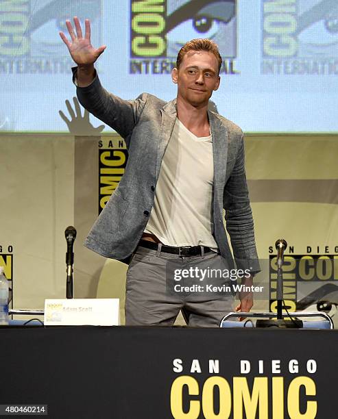 Actor Tom Hiddleston speaks onstage at the Legendary Pictures panel during Comic-Con International 2015 the at the San Diego Convention Center on...