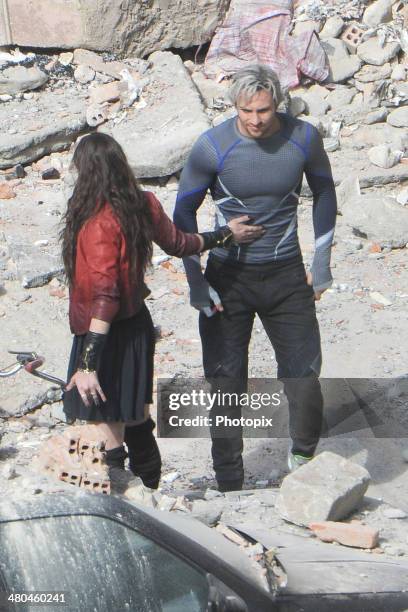 Elizabeth Olsen and Aaron Taylor-Johnson are seen filming on location for 'Avengers: Age of Ultron' in Pont-Saint-Martin on March 24, 2014 in Aosta,...