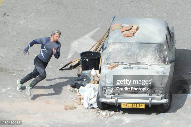 Aaron Taylor-Johnson is seen filming on location for 'Avengers: Age of Ultron' in Pont-Saint-Martin on March 24, 2014 in Aosta, Italy.