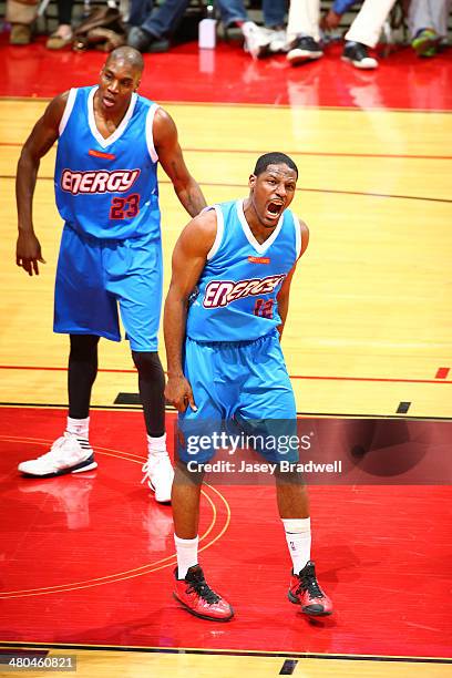 Othyus Jeffers of the Iowa Energy expresses emotion after making a basket and drawing the fowl against the Tulsa 66ers in an NBA D-League game on...