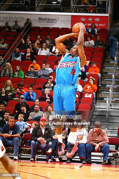 Othyus Jeffers of the Iowa Energy fires off a 3-pointer against the Tulsa 66ers in an NBA D-League game on March 22, 2014 at the Wells Fargo Arena in...