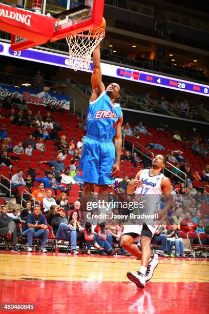 Othyus Jeffers of the Iowa Energy goes up for a fast-break dunk past the Tulsa 66ers in an NBA D-League game on March 22, 2014 at the Wells Fargo...