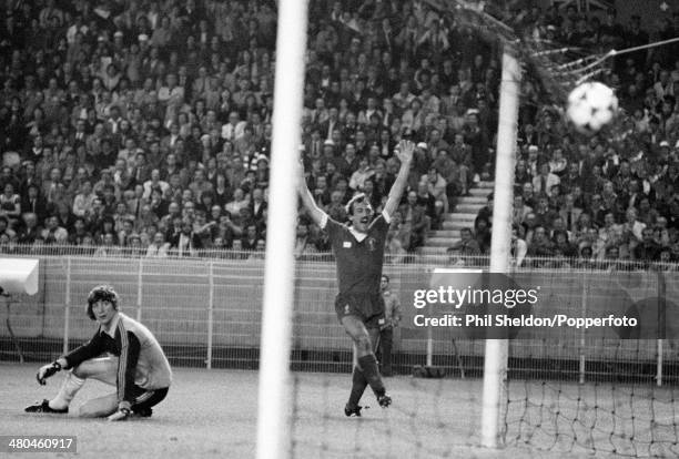 Alan Kennedy of Liverpool celebrates as his shot goes past Real Madrid goalkeeper Augustin Rodriguez and into the net for the winning goal in the...