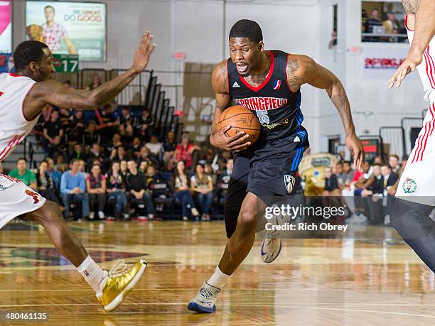 Adonis Thomas of the Springfield Armor protects the ball from Tyshawn Taylor of the Maine Red Claws during the game on March 23, 2014 at the Portland...