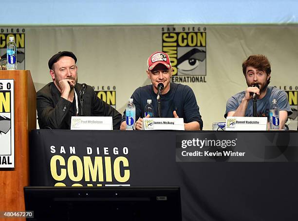 Director Paul McGuigan, actors James McAvoy and Daniel Radcliffe from "Victor Frankenstein" appear onstage at the 20th Century FOX panel during...