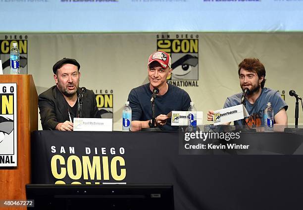 Director Paul McGuigan, actors James McAvoy and Daniel Radcliffe from "Victor Frankenstein" appear onstage at the 20th Century FOX panel during...