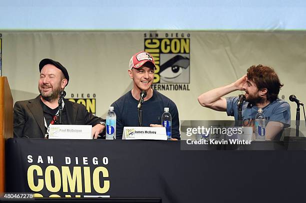Director Paul McGuigan, actors James McAvoy and Daniel Radcliffe from "Victor Frankenstein" appear onstage at the 20th Century FOX panel during...