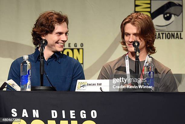 Actors Evan Peters and Lucas Till speak onstage at the 20th Century FOX panel during Comic-Con International 2015 at the San Diego Convention Center...