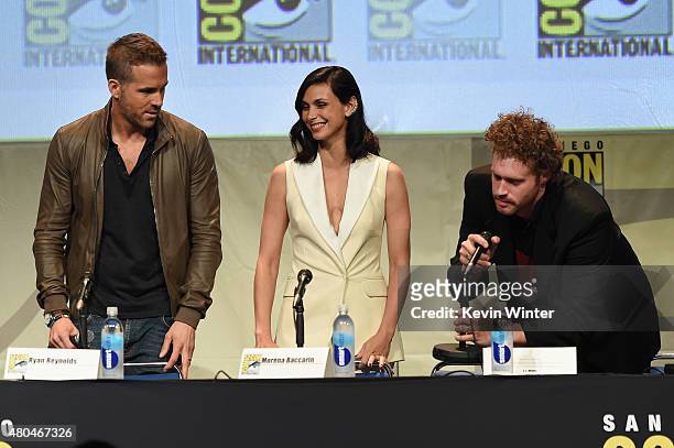 Actor Ryan Reynolds, actress Morena Baccarin and actor T.J. Miller from "Deadpool" appear onstage at the 20th Century FOX panel during Comic-Con...