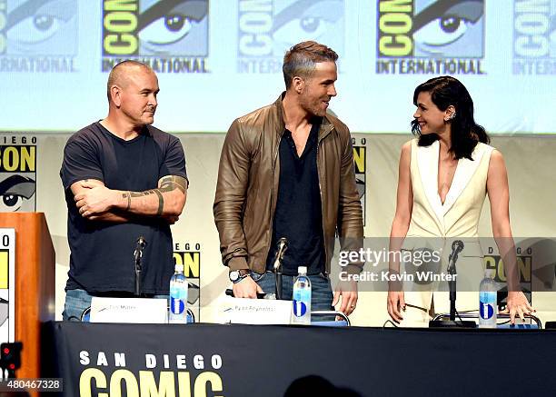 Actor Ryan Reynolds, actress Morena Baccarin and actor T.J. Miller from "Deadpool" appear onstage at the 20th Century FOX panel during Comic-Con...