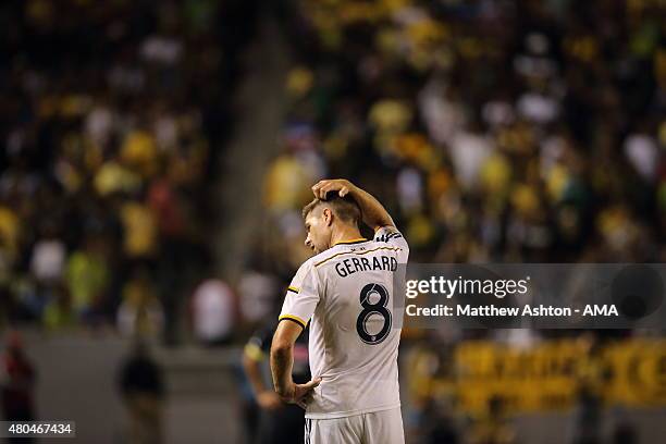 Steven Gerrard of LA Galaxy on his debut during the International Champions Cup match between Club America and LA Galaxy at StubHub Center on July...