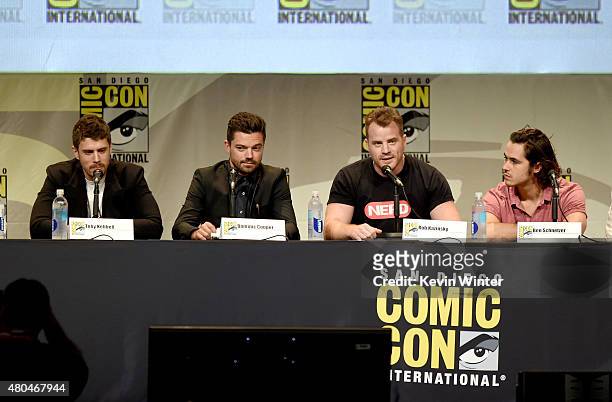 Actors Toby Kebbell, Dominic Cooper, Rob Kazinsky and Ben Schnetzer speak onstage at the Legendary Pictures panel during Comic-Con International 2015...