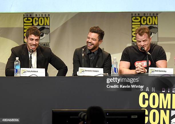 Actors Toby Kebbell, Dominic Cooper and Rob Kazinsky speak onstage at the Legendary Pictures panel during Comic-Con International 2015 the at the San...