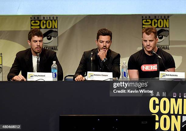 Actors Toby Kebbell, Dominic Cooper and Rob Kazinsky speak onstage at the Legendary Pictures panel during Comic-Con International 2015 the at the San...