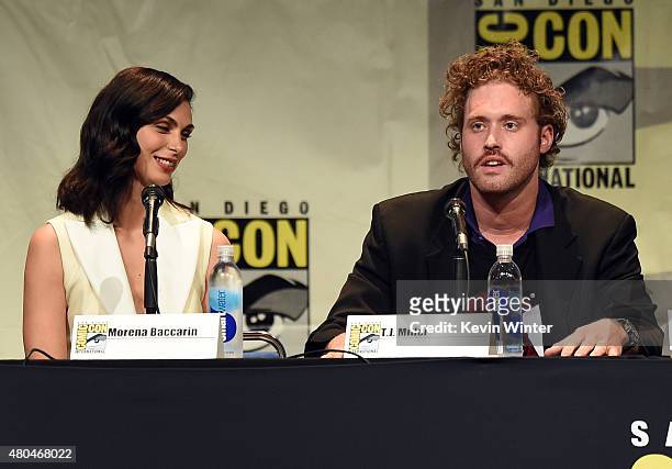Actress Morena Baccarin and actor T.J. Miller speak onstage at the 20th Century FOX panel during Comic-Con International 2015 at the San Diego...