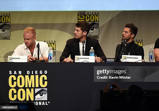 Actors Ben Foster, Toby Kebbell and Dominic Cooper speak onstage at the Legendary Pictures panel during Comic-Con International 2015 the at the San...