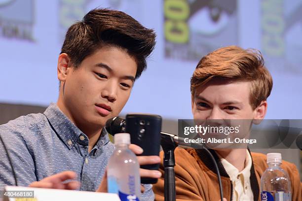 Ki Hong Lee and Thomas Brodie-Sangster speaks onstage at the 20th Century FOX panel during Comic-Con International 2015 at the San Diego Convention...
