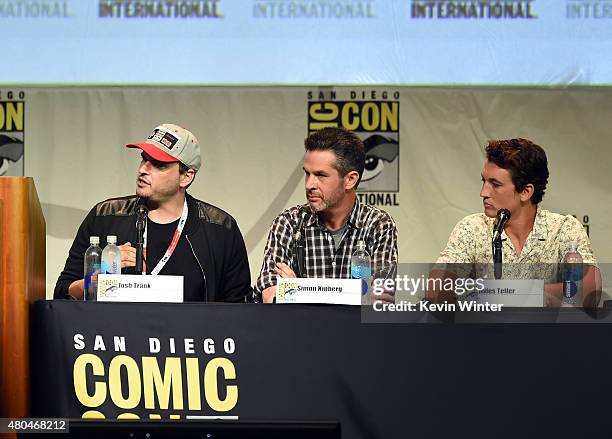 Director Josh Trank, writer Simon Kinberg and actor Miles Teller from "Fantastic Four" speak onstage at the 20th Century FOX panel during Comic-Con...