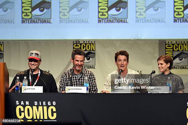 Director Josh Trank, writer Simon Kinberg, actor Miles Teller and actress Kate Mara from "Fantastic Four" speak onstage at the 20th Century FOX panel...