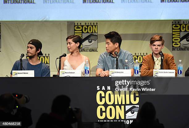 Actors Dylan O'Brien, Rosa Salazar, Ki Hong Lee and Thomas Brodie-Sangster speak onstage at the 20th Century FOX panel during Comic-Con International...