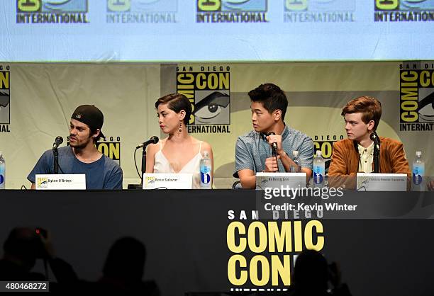Actors Dylan O'Brien, Rosa Salazar, Ki Hong Lee and Thomas Brodie-Sangster speak onstage at the 20th Century FOX panel during Comic-Con International...