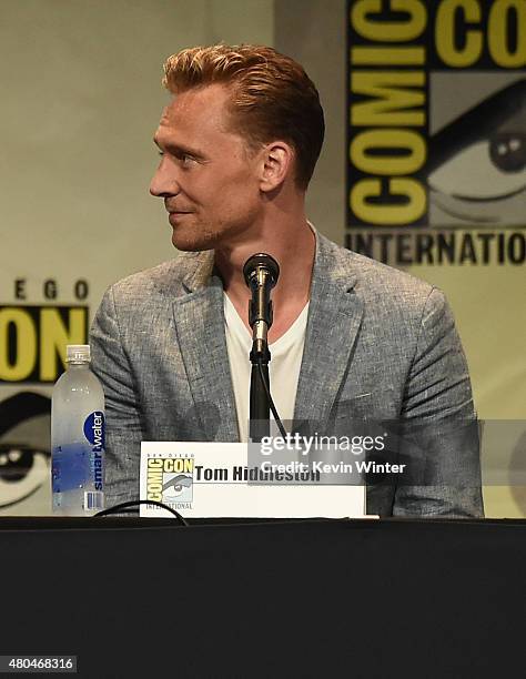 Actor Tom Hiddleston speaks onstage at the Legendary Pictures panel during Comic-Con International 2015 the at the San Diego Convention Center on...