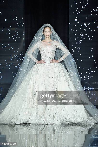 Model walks the runway during the Zuhair Murad show as part of Paris Fashion Week Haute Couture Fall/Winter 2015/2016 on July 9, 2015 in Paris,...