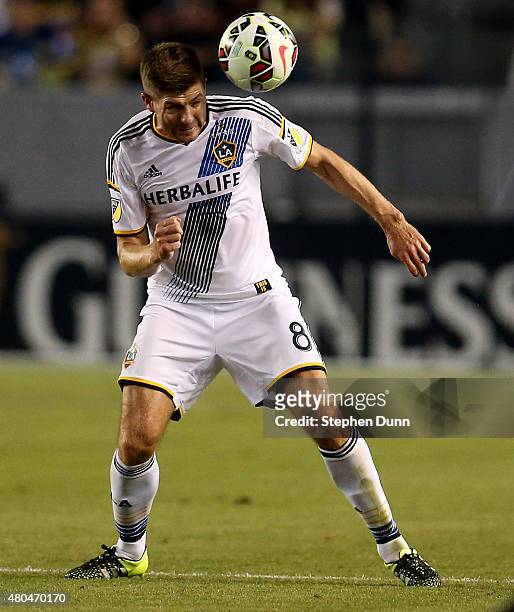 Steven Gerrard of the Los Angeles Galaxy passes the ball off his head against Club America in the International Champions Cup 2015 at StubHub Center...