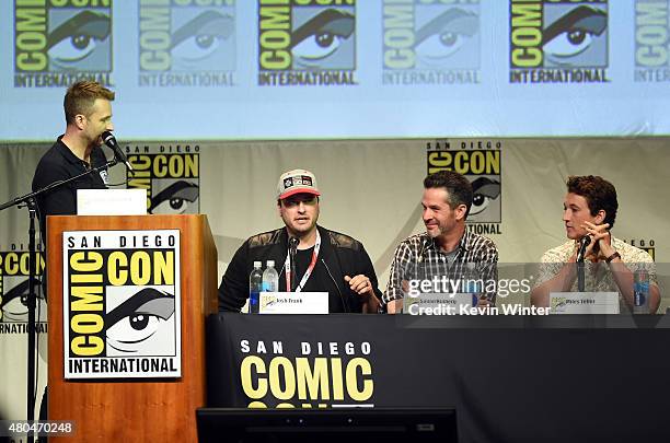 Host Chris Hardwick, director Josh Trank, writer Simon Kinberg and actor Miles Teller from "Fantasic Four" speak onstage at the 20th Century FOX...